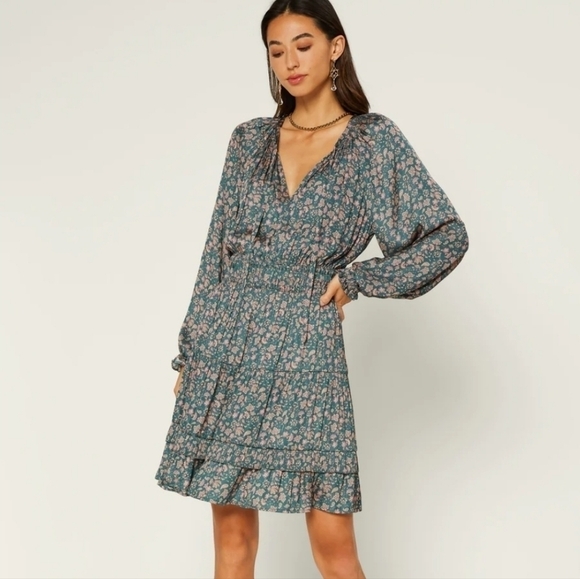 CURRENT Air Medium Ditzy Floral Ruffled Peasant Faux Wrap Dress Long Sleeves - Picture 3 of 16